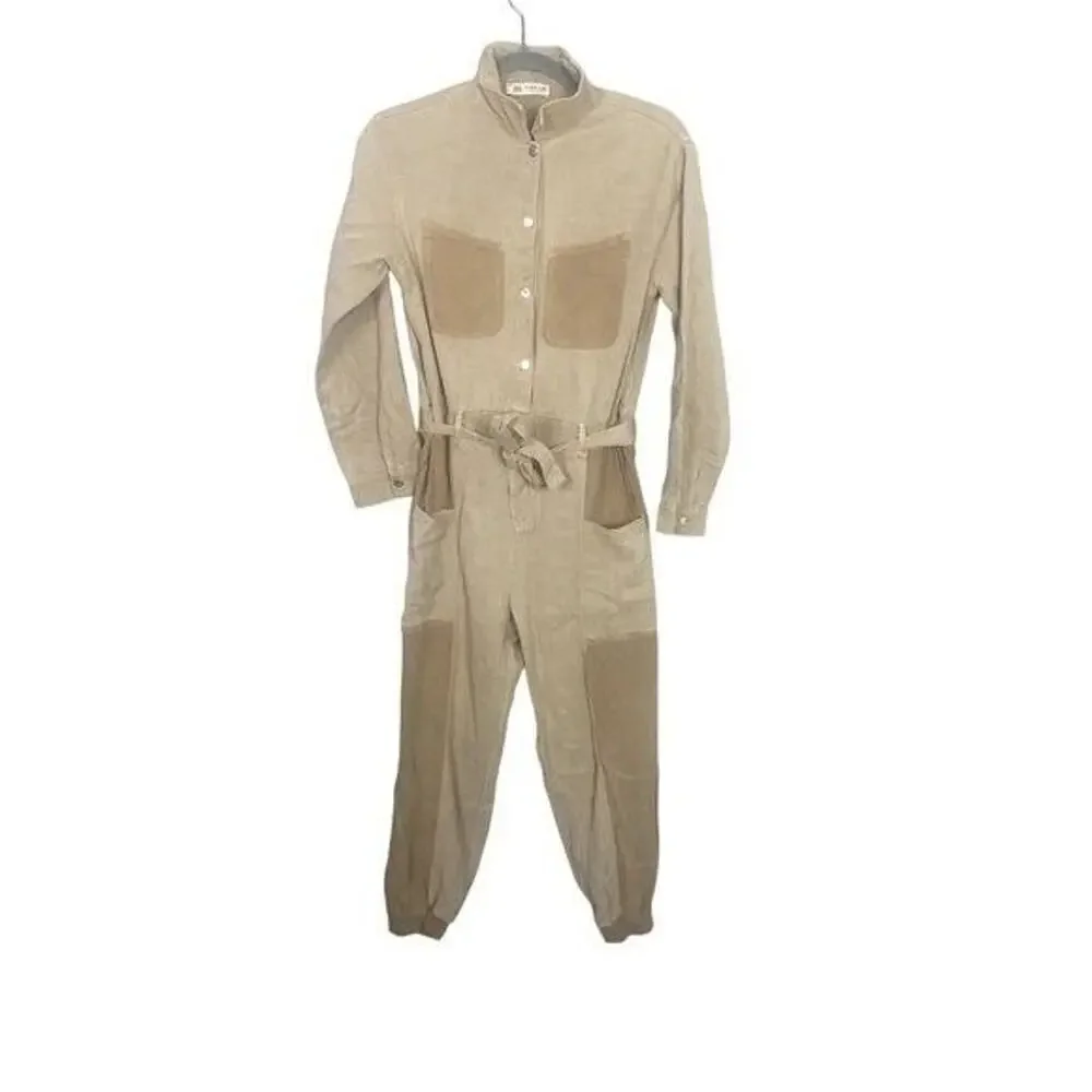 Zara Junior Cuffed Jumpsuit Belted Long Sleeve Pockets One piece 13-14 Tan Beige